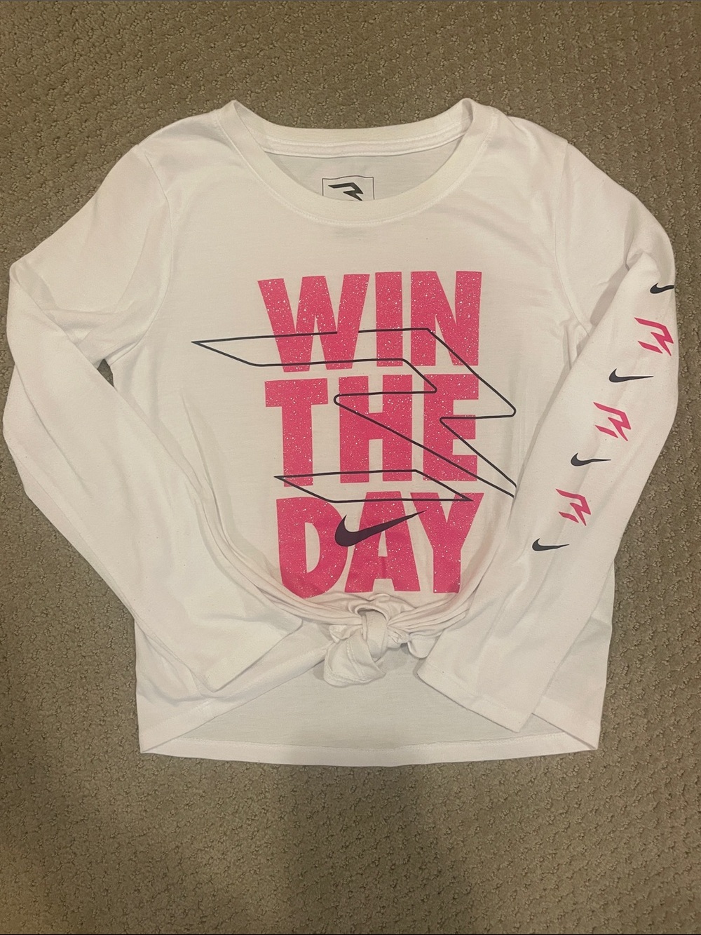 Nike White Long Sleeve Tee with Pink Graphic Swoosh